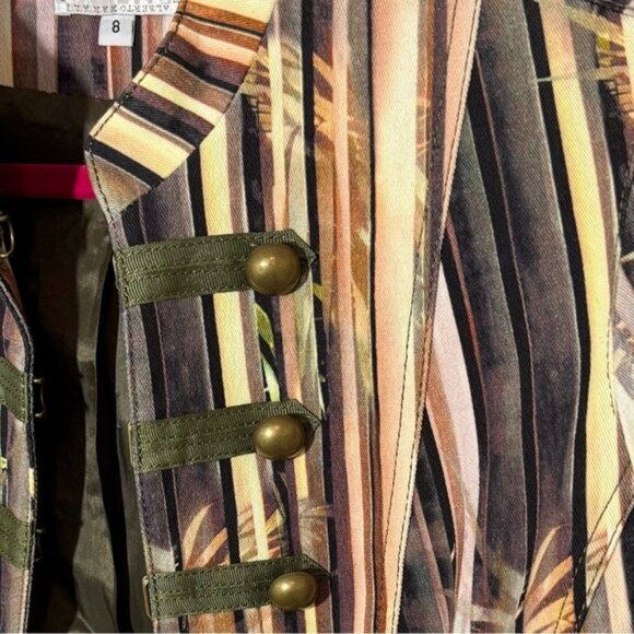 Alberto Makali- Green/Brown Bamboo Pattern-Hook Closure-Cropped Blazer Jacket - Picture 6 of 15